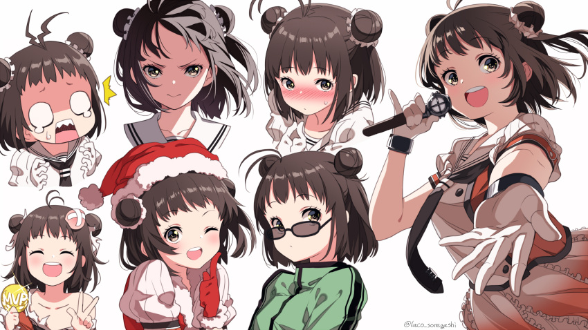 1girl antenna_hair bangs black_neckwear blush brown_eyes brown_hair closed_eyes closed_mouth double_bun eyebrows_visible_through_hair frills gloves green_jacket hat head_bump highres holding holding_microphone index_finger_raised jacket kantai_collection laco_soregashi microphone multiple_views mvp naka_(kancolle) nose_blush one_eye_closed open_mouth pinky_out red_gloves remodel_(kantai_collection) sailor_collar santa_costume santa_hat sharp_teeth short_hair short_sleeves simple_background skirt sunglasses sweat tears teeth torn_clothes twitter_username w white_background white_gloves