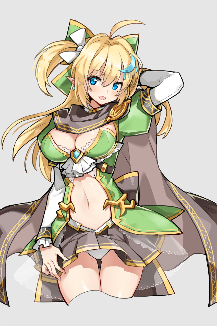 1girl :d ahoge beige_background blonde_hair blue_eyes bow breasts cape cowboy_shot elf epic_seven green_bow hair_bow hair_ornament highres large_breasts looking_away mole mole_under_eye navel open_mouth panties pleated_skirt pointy_ears serin199 silkyia_yula_safayena simple_background skirt smile solo standing underwear white_panties