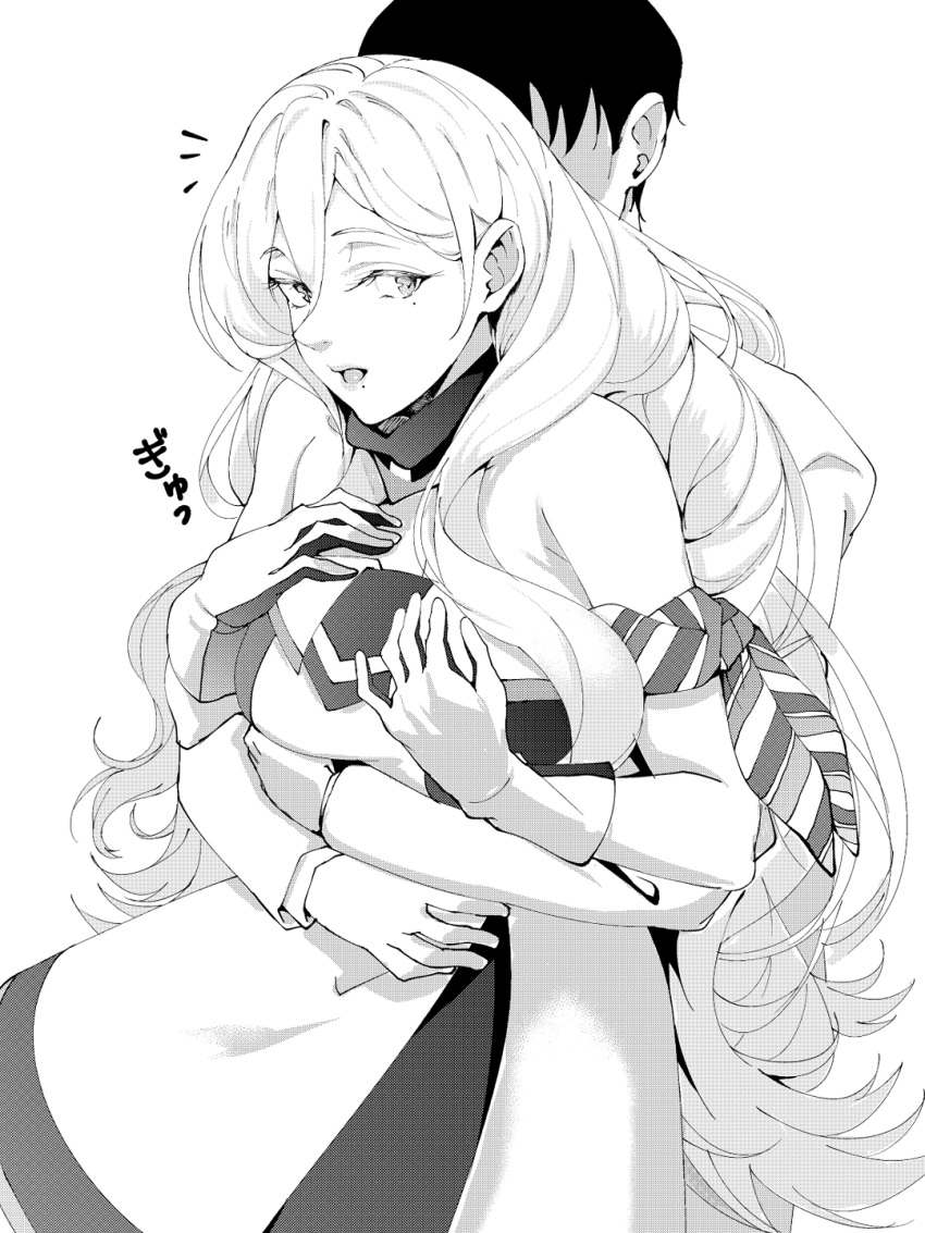 1boy 1girl admiral_(kancolle) bangs breasts dress gloves greyscale hair_between_eyes hetero highres hug hug_from_behind kantai_collection large_breasts long_hair long_sleeves mole mole_under_eye mole_under_mouth monochrome notice_lines open_mouth richelieu_(kancolle) scarf shingyou_(alexander-13) strapless strapless_dress very_long_hair