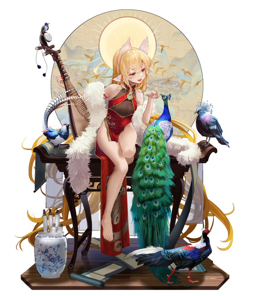 1girl animal bare_legs bare_shoulders barefoot bird black_gloves blonde_hair breasts china_dress chinese_clothes dress feathers feet flat_chest full_body gloves highres long_hair moyamoya_(moya11158375) original peacock peacock_feathers short_dress side_slit sleeveless sleeveless_dress small_breasts toes yellow_eyes