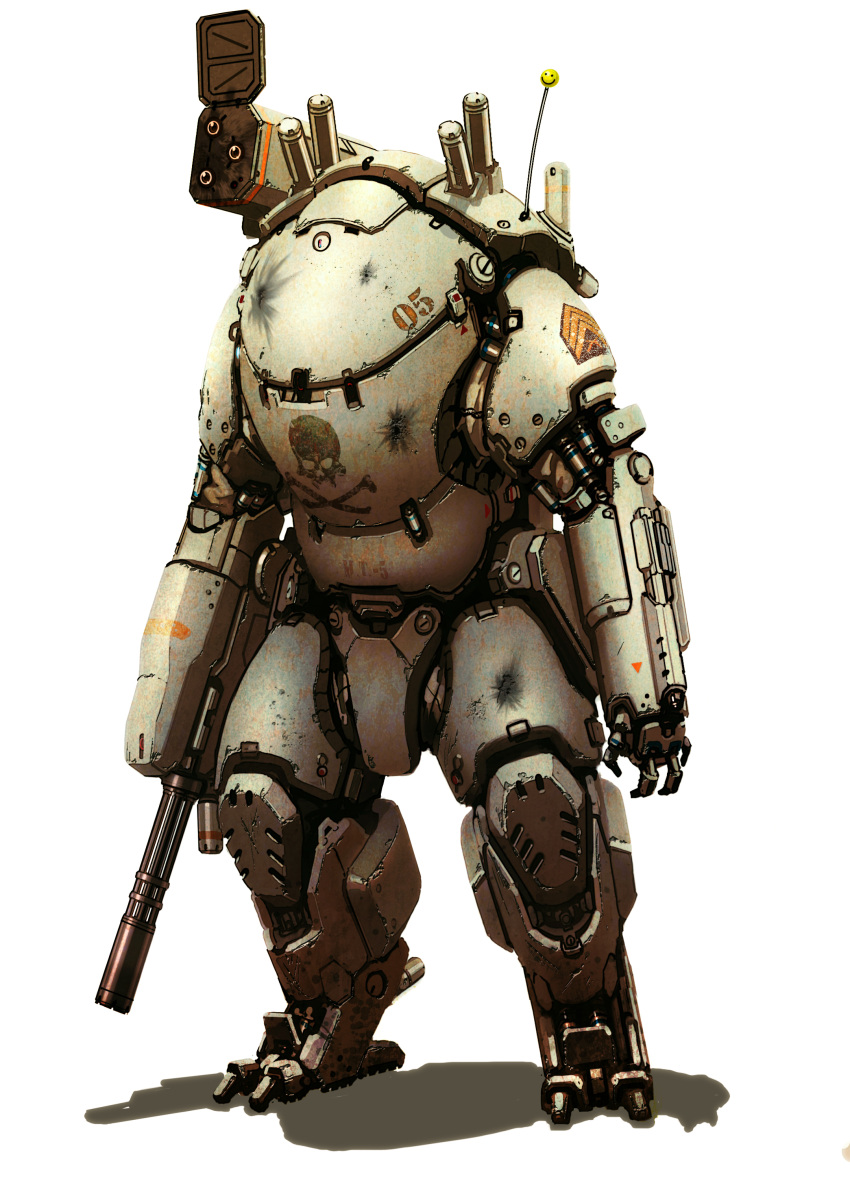 absurdres alexander_iglesias arm_cannon chain_gun english_commentary full_body highres mecha missile_pod no_humans open_hand original science_fiction skull_and_crossbones solo standing weapon