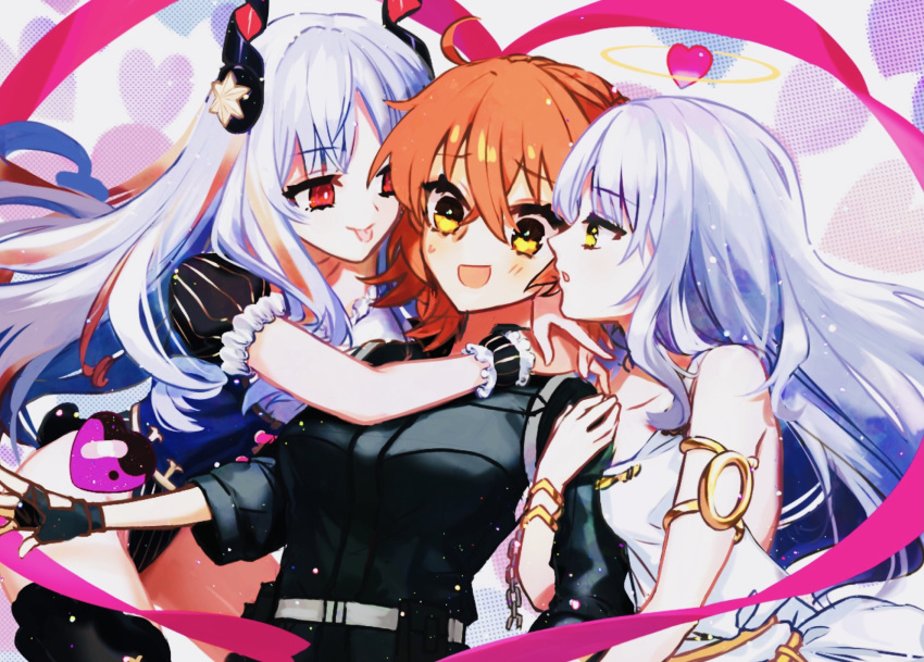 3girls ahoge ankoru armlet bangs bare_shoulders belt black_jacket black_legwear blush bow bracelet breasts caren_hortensia caren_hortensia_(amor_caren) collarbone corset dress dual_persona fate/grand_order fate_(series) frills fujimaru_ritsuka_(female) hair_ornament hair_scrunchie halo heart highleg highleg_leotard highres hug jacket jewelry leotard long_hair medium_breasts multiple_girls one_side_up open_mouth orange_eyes orange_hair pink_bow polar_chaldea_uniform puffy_short_sleeves puffy_sleeves red_eyes scrunchie short_hair short_sleeves smile thigh-highs thighs tongue tongue_out very_long_hair wavy_hair white_dress white_hair wrist_cuffs yellow_eyes