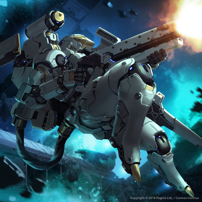 copyright_name cosmos_invictus english_commentary firing floating gun highres holding holding_gun holding_weapon jessada_sutthi looking_ahead mecha official_art science_fiction shoulder_cannon solo space watermark weapon