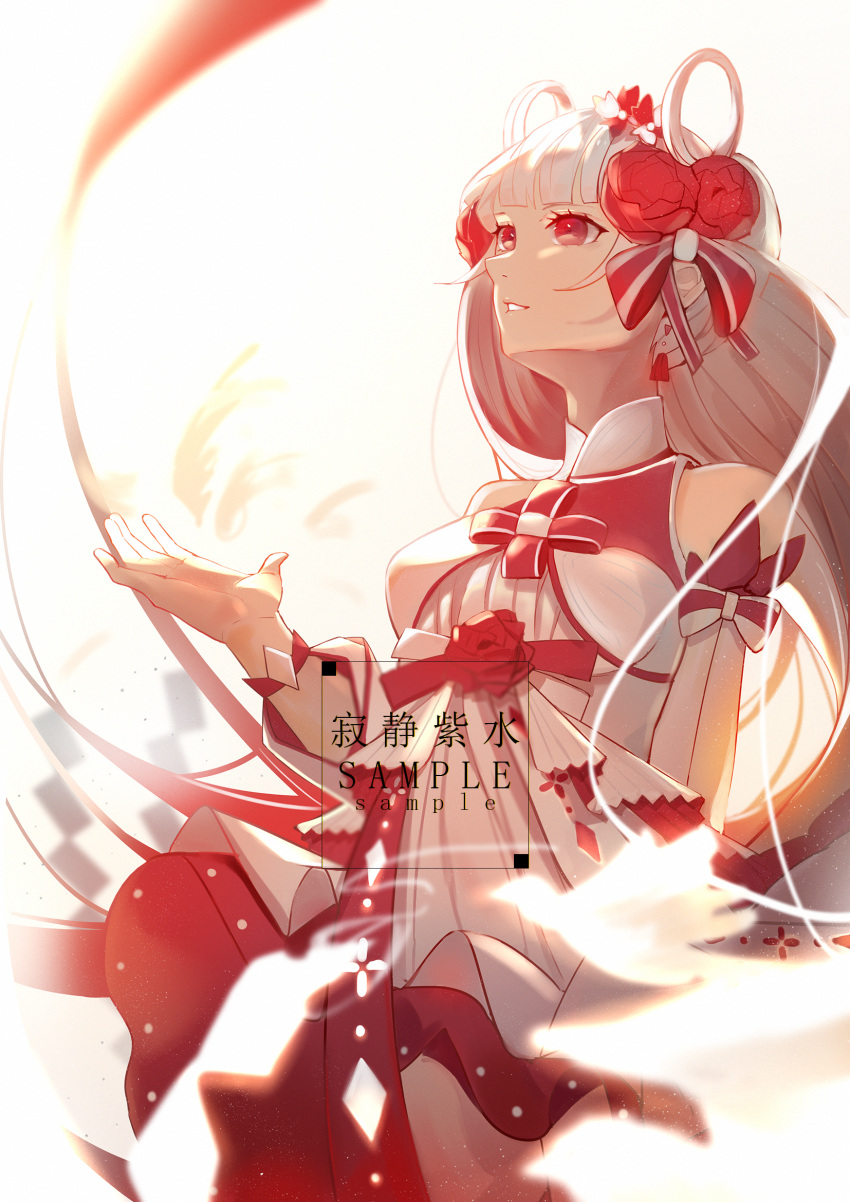 1girl bangs bow breasts chinese_commentary chinese_text dress floating_hair flower hair_bow hair_flower hair_ornament hair_rings highres jijing_zishui long_hair looking_up medium_breasts open_hand original parted_lips red_bow red_eyes red_flower red_rose rose sample silver_hair solo very_long_hair white_dress