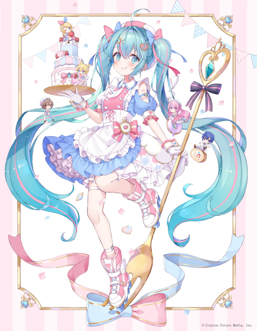 2boys 4girls :q absurdres ahoge angel_wings ankle_strap apron aqua_eyes aqua_hair bandaid bandaid_on_leg beret bloomers blue_bow bow braid cake chibi clothing_cutout collared_dress commentary_request cookie detached_wings doughnut food fork frilled_apron frilled_cuffs frilled_shirt_collar frilled_sleeves frills fujiya gloves hair_bow hair_ornament hat hatsune_miku highres holding holding_food holding_tray inline_skates kagamine_len kagamine_rin kaito leg_up long_hair macaron megurine_luka meiko mismatched_sleeves multicolored_hair multiple_boys multiple_girls necktie official_art piapro pink_bow pink_footwear roller_skates shiori_(xxxsi) shoulder_cutout shoulder_tattoo skates solo_focus streaked_hair swiss_roll tattoo thigh_strap tie_clip tongue tongue_out tray twintails two-tone_bow underwear very_long_hair vocaloid waist_apron watermark white_apron white_gloves white_neckwear white_wings wings wrist_cuffs