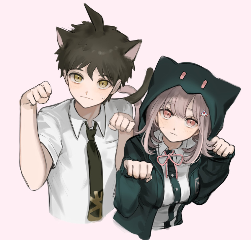 1boy 1girl ahoge animal_ears animal_hood bangs black_shirt breasts brown_hair cat_boy cat_ears cat_hood cat_tail collared_shirt commentary_request cropped_torso dangan_ronpa_(series) dangan_ronpa_2:_goodbye_despair dress_shirt flipped_hair green_neckwear hair_ornament hairclip hands_up highres hinata_hajime hood hood_up hooded_jacket jacket light_brown_hair long_sleeves looking_at_viewer medium_breasts medium_hair muuyiie nanami_chiaki neck_ribbon necktie paw_pose pink_eyes pink_ribbon ribbon shirt short_hair tail white_shirt