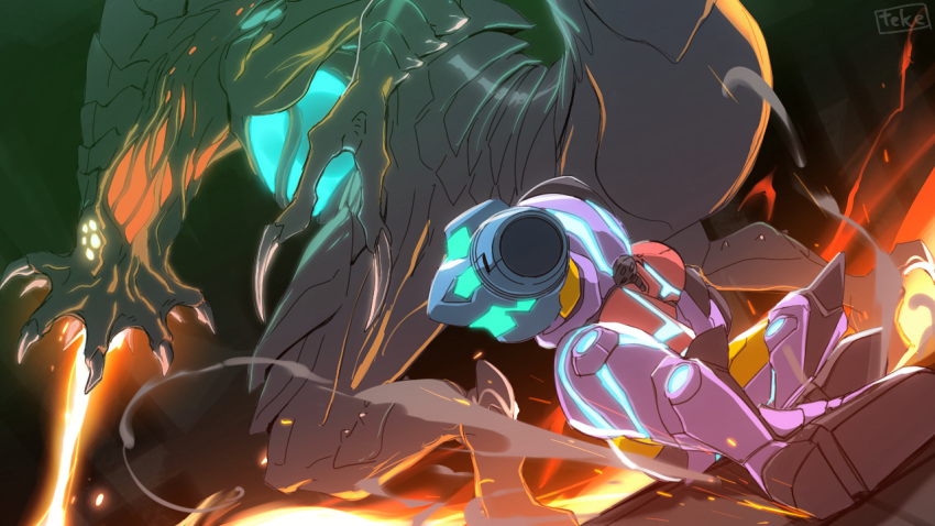 1girl arm_cannon armor artist_name assault_visor battle blue_assault_visor commentary_request fire full_armor gravity_suit_(metroid) laser metroid metroid_(creature) omega_metroid power_armor power_suit_(metroid) samus_aran science_fiction sliding teke weapon