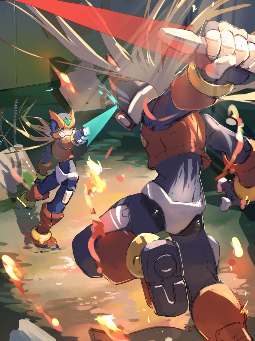 2boys absurdres armor black_eyes blonde_hair energy_sword forehead_jewel helmet highres holding holding_sword holding_weapon long_hair male_focus mega_man_(series) mega_man_zero_(series) mega_man_zero_3 midair multiple_boys omega_(mega_man) omochi_(mochi_skymega) pointing_melee_weapon pointing_sword red_armor red_helmet standing sword weapon z_saber zero(z)_(mega_man) zero_(mega_man)