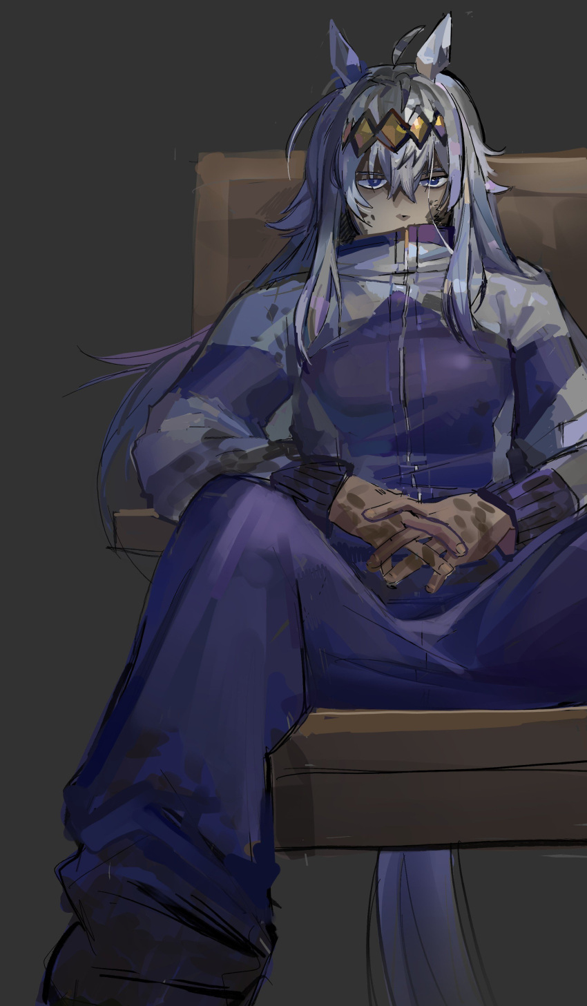 1girl absurdres ahoge animal_ears blue_eyes chair clocklfishmaste dirty dirty_clothes dirty_face ear_ornament grey_hair grey_tail hair_between_eyes hair_ornament hairband highres horse_ears horse_girl horse_tail interlocked_fingers jacket kasamatsu_tracen_training_uniform long_hair long_sleeves looking_at_viewer multicolored_hair multicolored_jacket oguri_cap_(umamusume) on_chair pants purple_jacket purple_pants purple_track_suit sitting solo tail track_jacket track_pants track_suit two-tone_jacket umamusume umamusume:_cinderella_gray