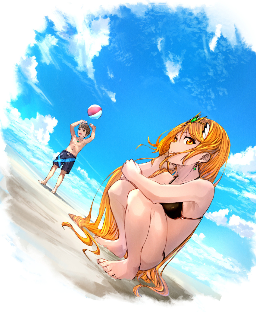 1boy 1girl absurdres arms_up ball bangs beach beachball bikini black_bikini blonde_hair breasts brown_hair day earrings fingerless_gloves gem gloves hair_ornament headpiece highres mythra_(xenoblade) jewelry large_breasts long_hair nintendo ocean pants poteto_(potetosarada123) rex_(xenoblade_2) sand shirtless short_hair sky swept_bangs swimsuit tiara very_long_hair xenoblade_(series) xenoblade_2 yellow_eyes