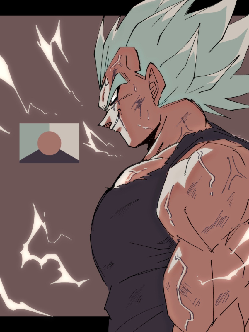 1boy aura black_tank_top blue_hair brown_background commentary_request dragon_ball dragon_ball_z gomennetemple grin highres letterboxed limited_palette male_focus manatsu_no_yo_no_inmu meme muscular muscular_female muscular_male outside_border pectorals scar scar_on_arm short_hair smile solo spiky_hair super_saiyan tank_top upper_body vegeta veins veiny_arms yjsnpi_interview_(meme)