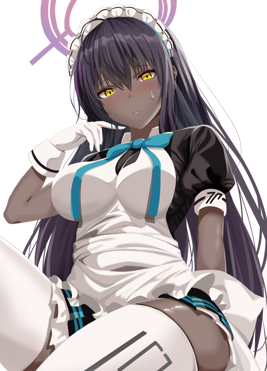 1girl absurdres ahoge apron bangs black_hair blue_archive blue_bow bow bowtie breasts closed_mouth dark_skin dark-skinned_female dress eyebrows_visible_through_hair gloves hair_between_eyes halo haruto_(nyannzou789) highres karin_(blue_archive) large_breasts long_hair looking_at_viewer maid maid_headdress pantyhose petticoat pleated_dress puffy_short_sleeves puffy_sleeves short_dress short_sleeves simple_background sitting solo sweatdrop thigh-highs thighs very_long_hair white_background white_gloves white_legwear yellow_eyes zettai_ryouiki