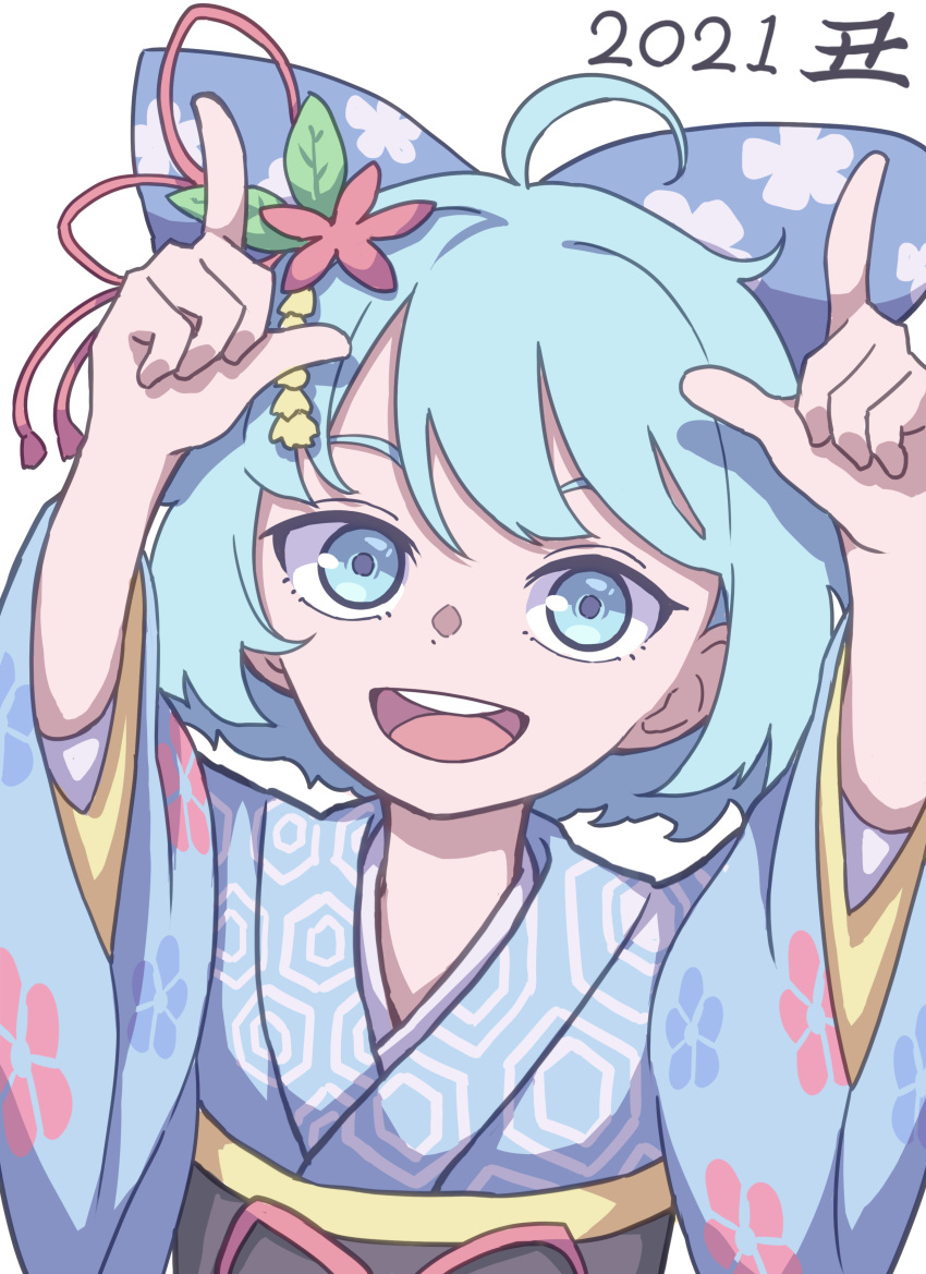 1girl 2021 :d absurdres alternate_costume bangs blue_eyes blue_hair blue_kimono cirno eyebrows_behind_hair floral_print hair_ornament hexagon highres japanese_clothes kame_(kamepan44231) kimono long_sleeves looking_at_viewer new_year open_mouth pointing pointing_up sash short_hair simple_background smile solo touhou upper_body white_background wide_sleeves