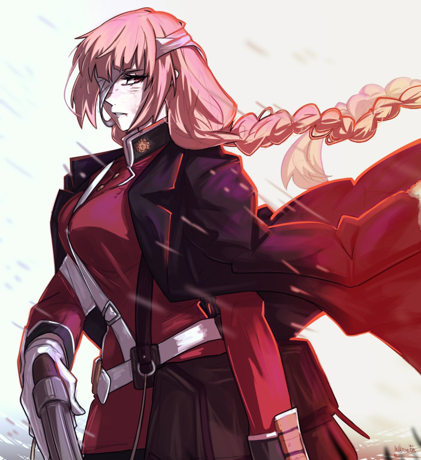 1girl bandage_over_one_eye bandages braid braided_ponytail breasts coat coat_on_shoulders fate/grand_order fate_(series) florence_nightingale_(fate) gloves gun handgun highres inktober jacket kamuify looking_at_viewer military military_uniform pink_hair red_eyes red_jacket simple_background solo trench_coat uniform weapon white_background white_gloves