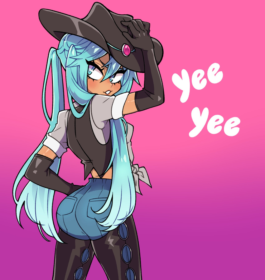 1girl aqua_eyes aqua_hair ass beta's_inferno black_gloves black_headwear black_vest blush breasts chaps cowboy cowboy_hat dark_skin dark-skinned_female denim elbow_gloves english_commentary english_text from_behind front-tie_top gloves grey_shirt hair_over_shoulder hat hatsune_miku highres jeans long_hair pants pink_background shirt small_breasts solo tan turning_head twintails vest vocaloid western