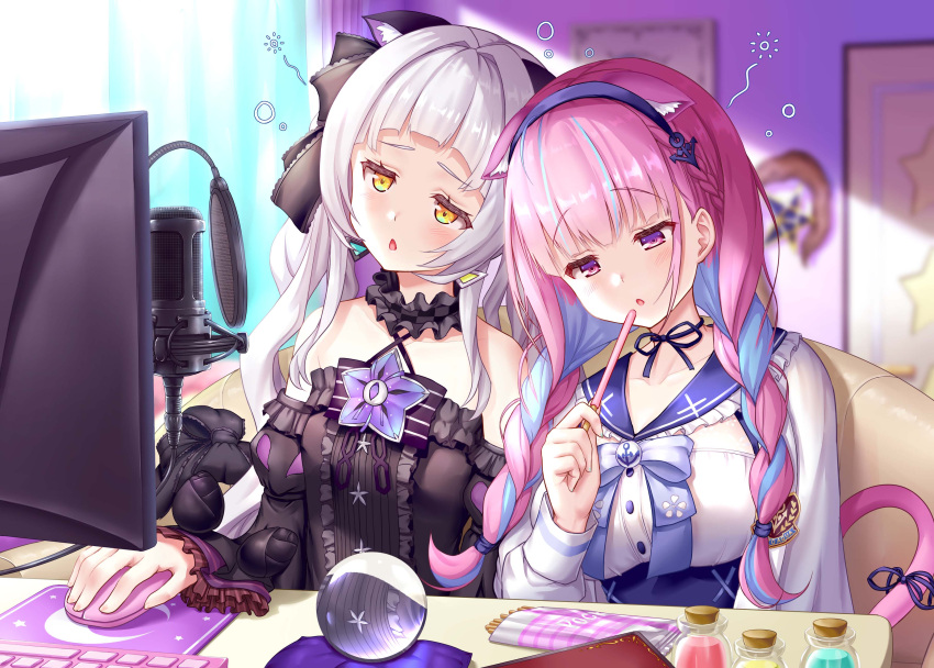 2girls absurdres bangs bare_shoulders blue_hair blue_ribbon blunt_bangs bottle braid chair collarbone commentary_request crystal_ball detached_collar eyebrows_visible_through_hair food hairband highres hololive indoors microphone minato_aqua monitor mouse_(computer) mousepad_(object) multicolored_hair multiple_girls murasaki_shion neck_ribbon open_mouth perfume_bottle pink_hair pocky pop_filter ribbon side-by-side sitting tail tail_ornament tail_ribbon triangle_mouth twin_braids two-tone_hair uehiro virtual_youtuber white_hair yellow_eyes