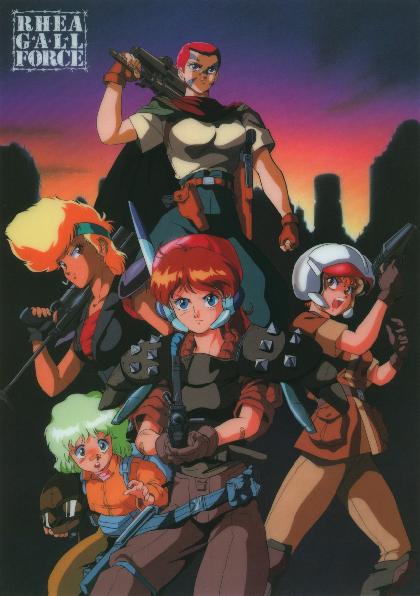 1980s_(style) 5girls absurdres aiming_at_viewer armor bandaid bandaid_on_nose blonde_hair blue_eyes brown_eyes brown_hair cape carrying_over_shoulder copyright_name eluza facepaint fingerless_gloves gall_force gloves goggles goggles_on_headwear green_eyes green_hair gun handgun headband helmet highres holding holding_gun holding_helmet holding_weapon holstered_weapon long_hair multiple_girls official_art open_mouth red_eyes redhead retro_artstyle rifle sandy_newman scan score_(gall_force) serious shoulder_armor sonoda_ken'ichi very_long_hair weapon
