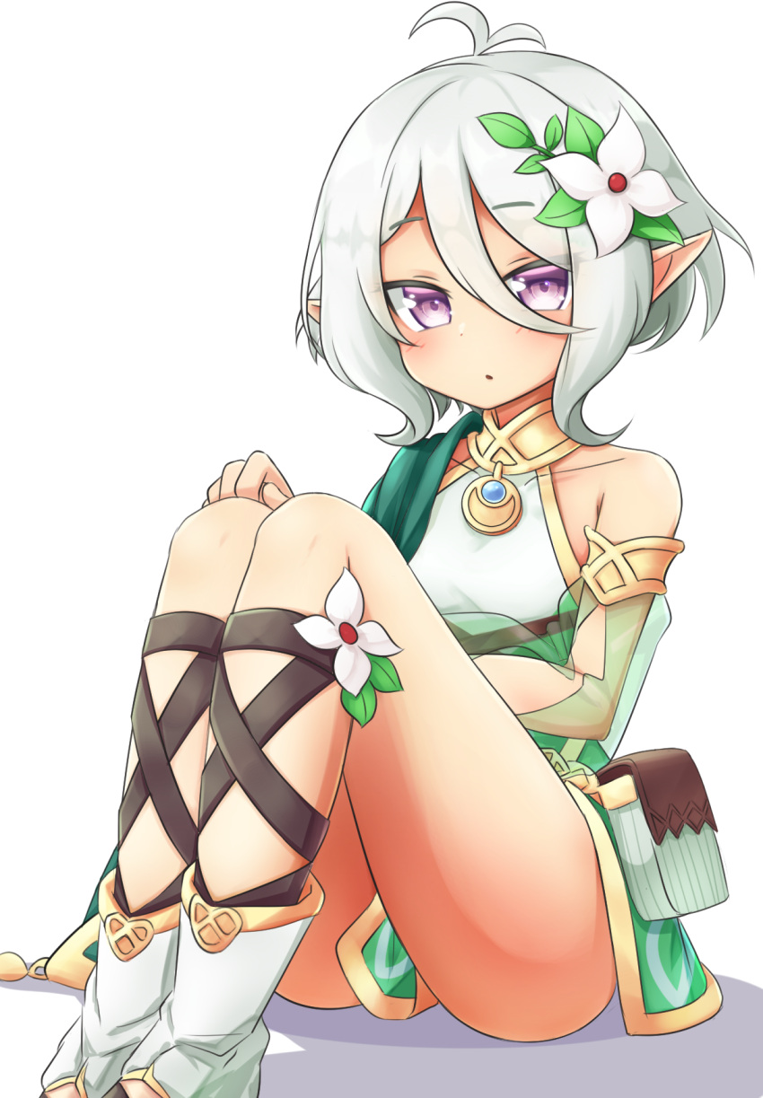 1girl :o antenna_hair bare_shoulders detached_sleeves feet_out_of_frame flat_chest flower hair_between_eyes hair_flower hair_ornament highres klaius kokkoro_(princess_connect!) legs_together looking_at_viewer parted_lips pointy_ears pouch princess_connect! princess_connect!_re:dive sandals see-through_sleeves simple_background sitting solo violet_eyes white_background white_flower white_hair