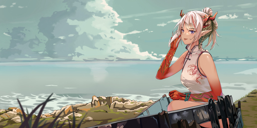 1girl :p absurdres arknights auguste bangs bare_shoulders braid china_dress chinese_clothes clouds commentary dress hand_up highres horns looking_at_viewer multicolored_hair nian_(arknights) nian_(unfettered_freedom)_(arknights) outdoors pointy_ears redhead short_hair silver_hair sleeveless sleeveless_dress smile solo streaked_hair tongue tongue_out violet_eyes water white_dress