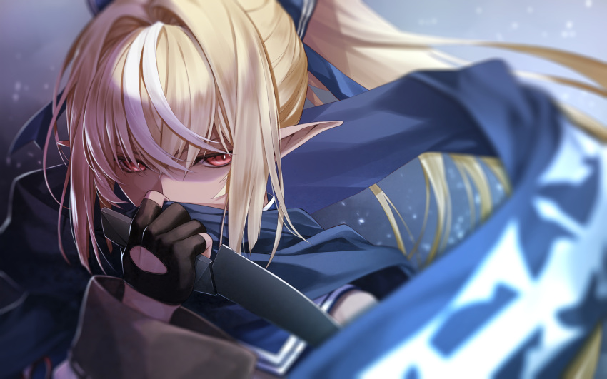 1girl black_gloves blonde_hair bow close-up commentary_request covered_mouth dark_skin dark-skinned_female fenrir_(fenlil0316) floating_hair gloves hair_bow half_gloves highres holding holding_knife holding_weapon hololive knife long_hair multicolored_hair multiple_sources partially_fingerless_gloves pointy_ears ponytail red_eyes scarf scarf_over_mouth shiranui_flare streaked_hair two-tone_hair virtual_youtuber weapon white_hair