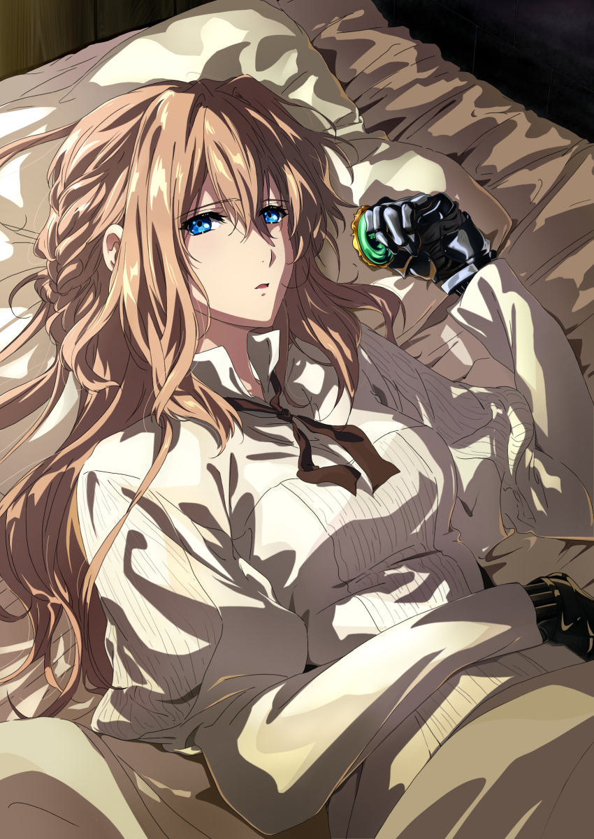 1girl absurdres anime_coloring bangs bed bed_sheet blonde_hair blue_eyes breasts brooch brown_neckwear collared_dress commentary_request dress eyebrows_visible_through_hair from_above hair_between_eyes highres holding holding_jewelry indoors jewelry long_sleeves looking_at_viewer lying no_jacket on_back parted_lips pillow prosthesis prosthetic_arm puffy_long_sleeves puffy_sleeves solo violet_evergarden violet_evergarden_(character) white_dress yuuri-622