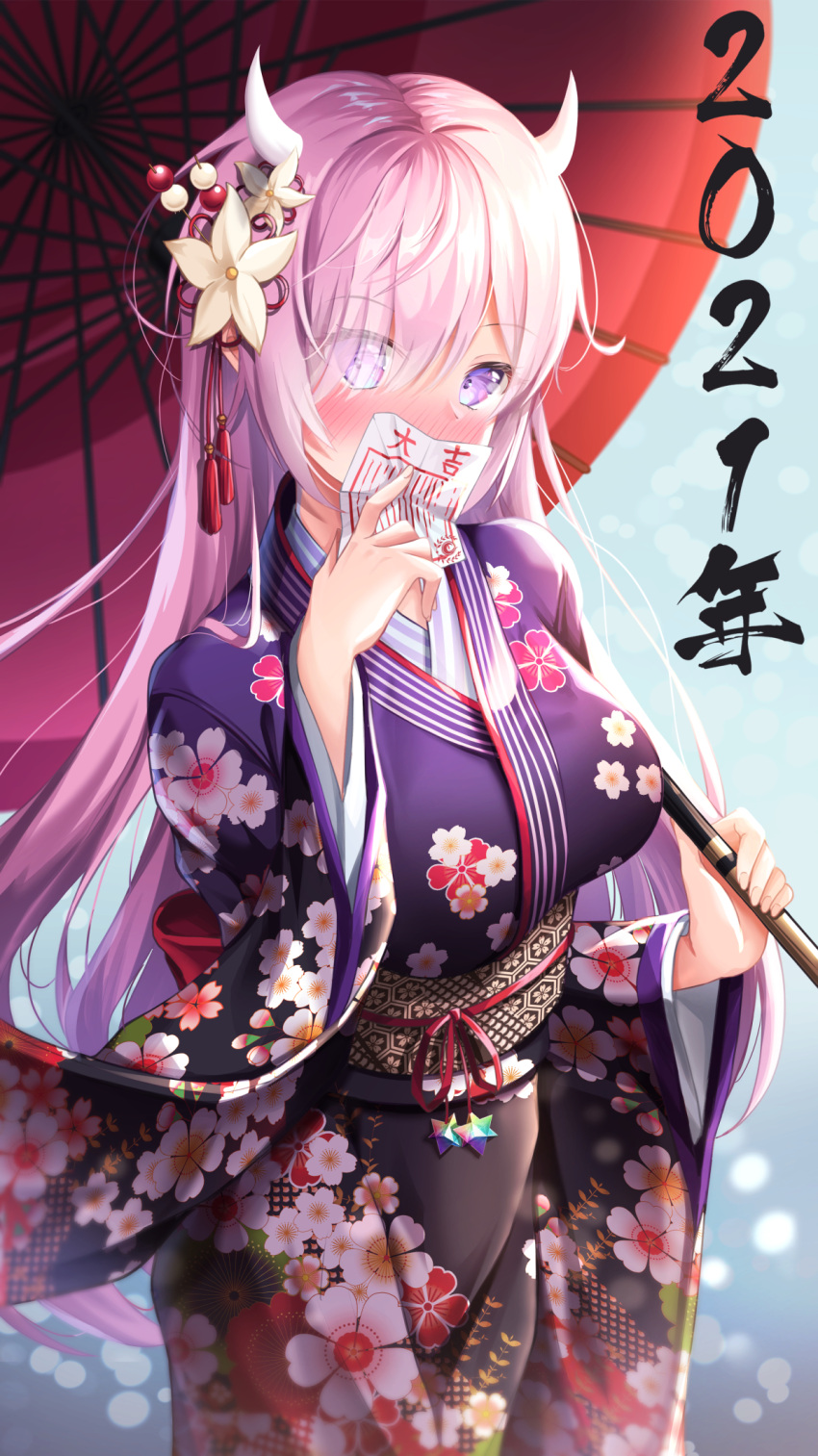 1girl 2021 bangs blush breasts cowboy_shot eyebrows_visible_through_hair fate/grand_order fate_(series) floral_print flower furisode hair_flower hair_ornament hand_to_own_mouth hand_up highres holding holding_umbrella horns japanese_clothes kimono lancheu large_breasts long_hair long_sleeves looking_at_viewer mash_kyrielight new_year obi oil-paper_umbrella omikuji pink_hair print_kimono red_umbrella sash solo umbrella very_long_hair violet_eyes white_flower wide_sleeves
