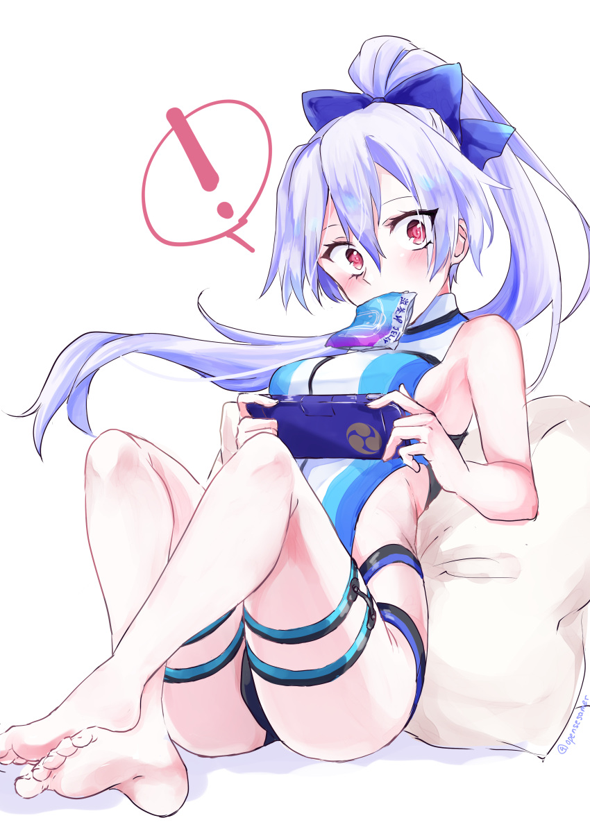 ! 1girl absurdres bangs blue_bow blue_swimsuit bow breasts cellphone fate/grand_order fate_(series) feet hair_between_eyes hair_bow highleg highleg_swimsuit highres large_breasts legs long_hair looking_at_viewer mouth_hold one-piece_swimsuit opensesamer phone ponytail red_eyes silver_hair sitting swimsuit thigh_strap thighs tomoe_gozen_(fate) tomoe_gozen_(swimsuit_saber)_(fate) two-tone_swimsuit white_swimsuit