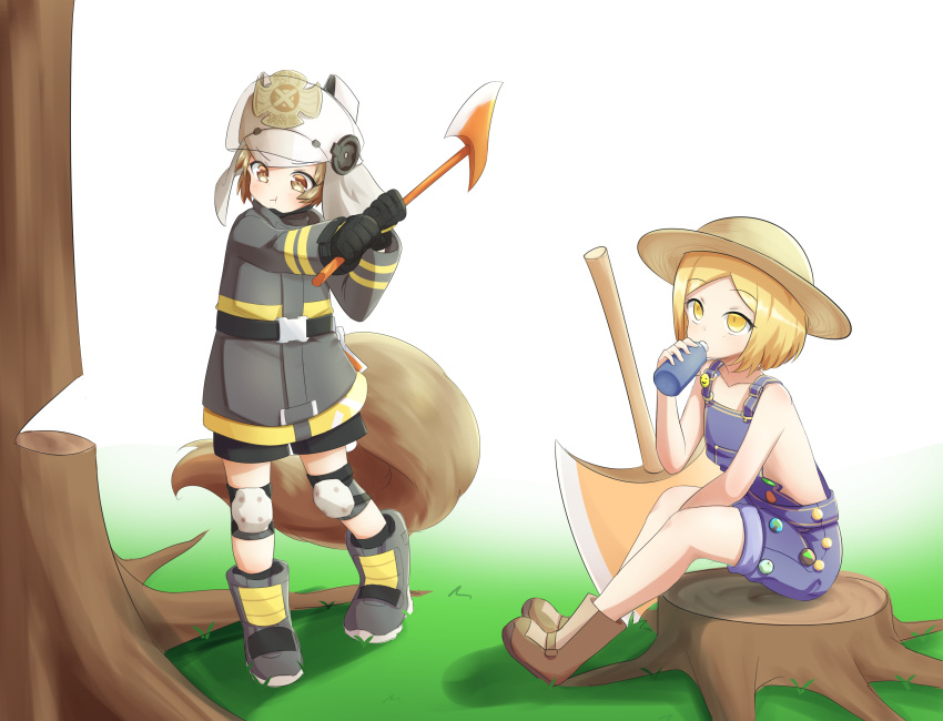 2girls :t absurdres arknights axe bangs black_gloves blonde_hair boots bottle brown_footwear brown_hair brown_headwear chopping coat crossover drinking eyebrows_visible_through_hair fate/grand_order fate_(series) gloves grass grey_coat grey_footwear hat highres holding holding_axe holding_bottle klaius knee_pads lumberjack medium_hair multiple_girls naked_overalls overalls parted_bangs paul_bunyan_(fate) pin purple_overalls shaw_(arknights) sitting standing tail trait_connection tree tree_stump two-handed weapon_connection white_background yellow_eyes