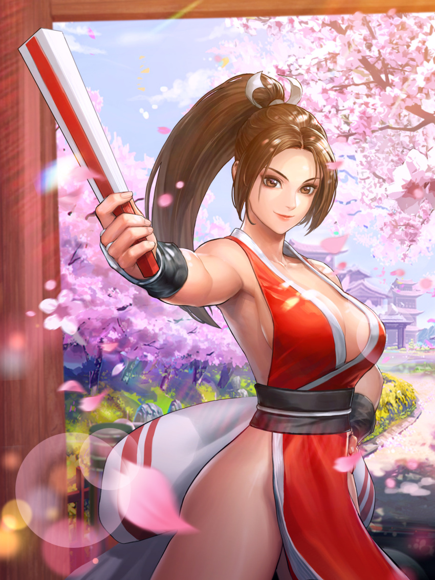 1girl armpits breasts brown_eyes brown_hair cherry_blossoms cleavage closed_fan closed_mouth fan fatal_fury feet_out_of_frame female fighting_game folding_fan high_ponytail highres holding holding_fan japanese_clothes large_breasts long_hair ninja official_art pelvic_curtain petals ponytail revealing_clothes shiranui_mai sideboob sleeveless smile snk solo standing the_king_of_fighters the_king_of_fighters_all-stars tied_hair