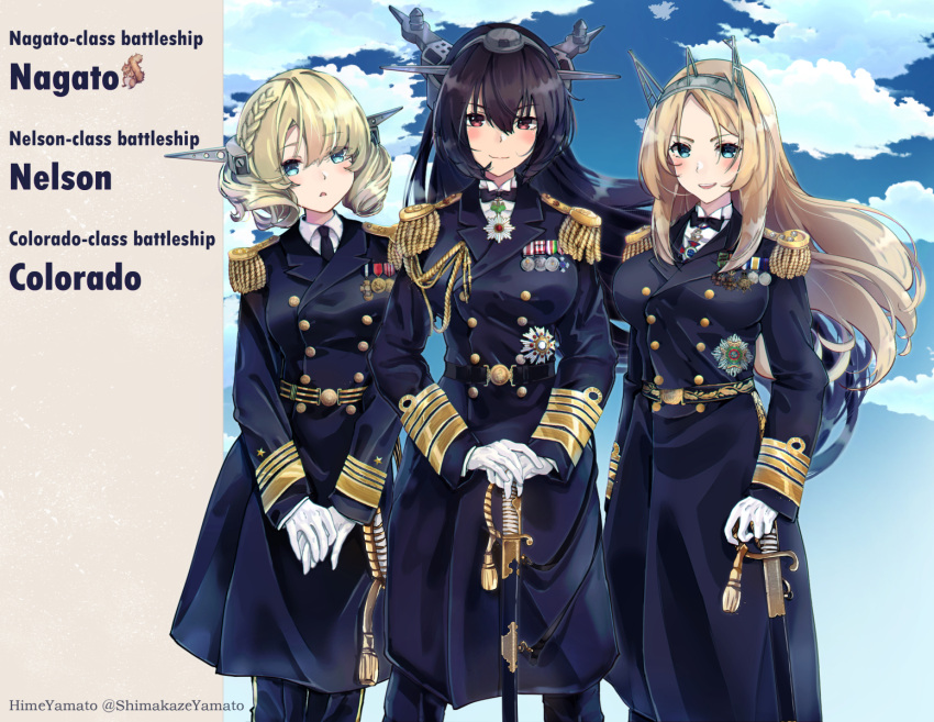 3girls alternate_costume black_hair blonde_hair blue_eyes breasts buttons character_name colorado_(kancolle) epaulettes gloves hair_between_eyes headgear highres himeyamato kantai_collection large_breasts long_hair long_sleeves military military_uniform multiple_girls nagato_(kancolle) nelson_(kancolle) open_mouth red_eyes sheath sheathed short_hair smile standing twitter_username uniform white_gloves
