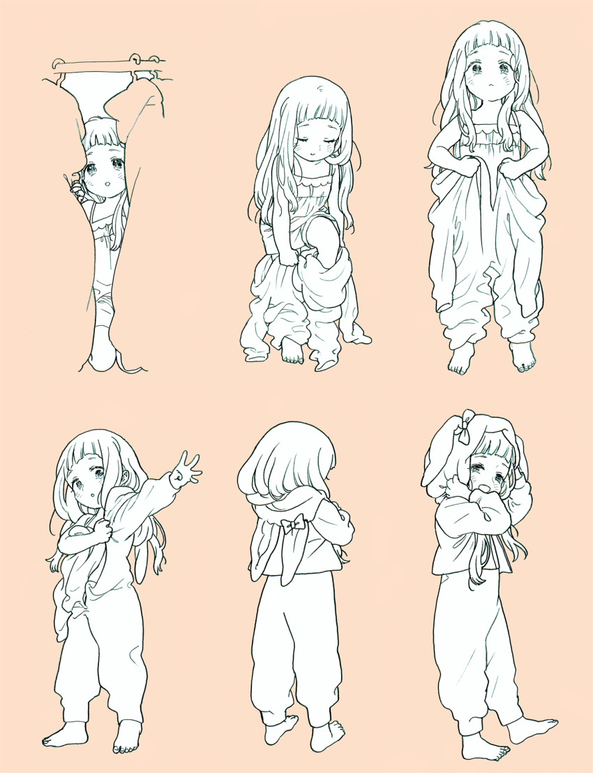 1girl :&lt; :d adjusting_clothes adjusting_headwear animal_costume animal_ears animal_hood arm_up bangs bare_arms barefoot blending blunt_bangs blush bow bunny_costume bunny_hood camisole child closed_eyes closed_mouth clothes_hanger commentary_request contrapposto cosplay dressing facing_away facing_viewer fake_animal_ears floppy_ears foot_up from_behind from_side half-closed_eyes hand_up hands_on_headwear hands_up happy highres hood ichihara_nina idolmaster idolmaster_cinderella_girls kigurumi kneeling legs_apart long_hair long_sleeves looking_at_viewer looking_back looking_to_the_side looking_up mixed_media monochrome multiple_views no_nose open_mouth pajamas parted_lips pink_background protected_link rabbit_ears sequential simple_background smile spaghetti_strap spot_color standing sunbiki tareme
