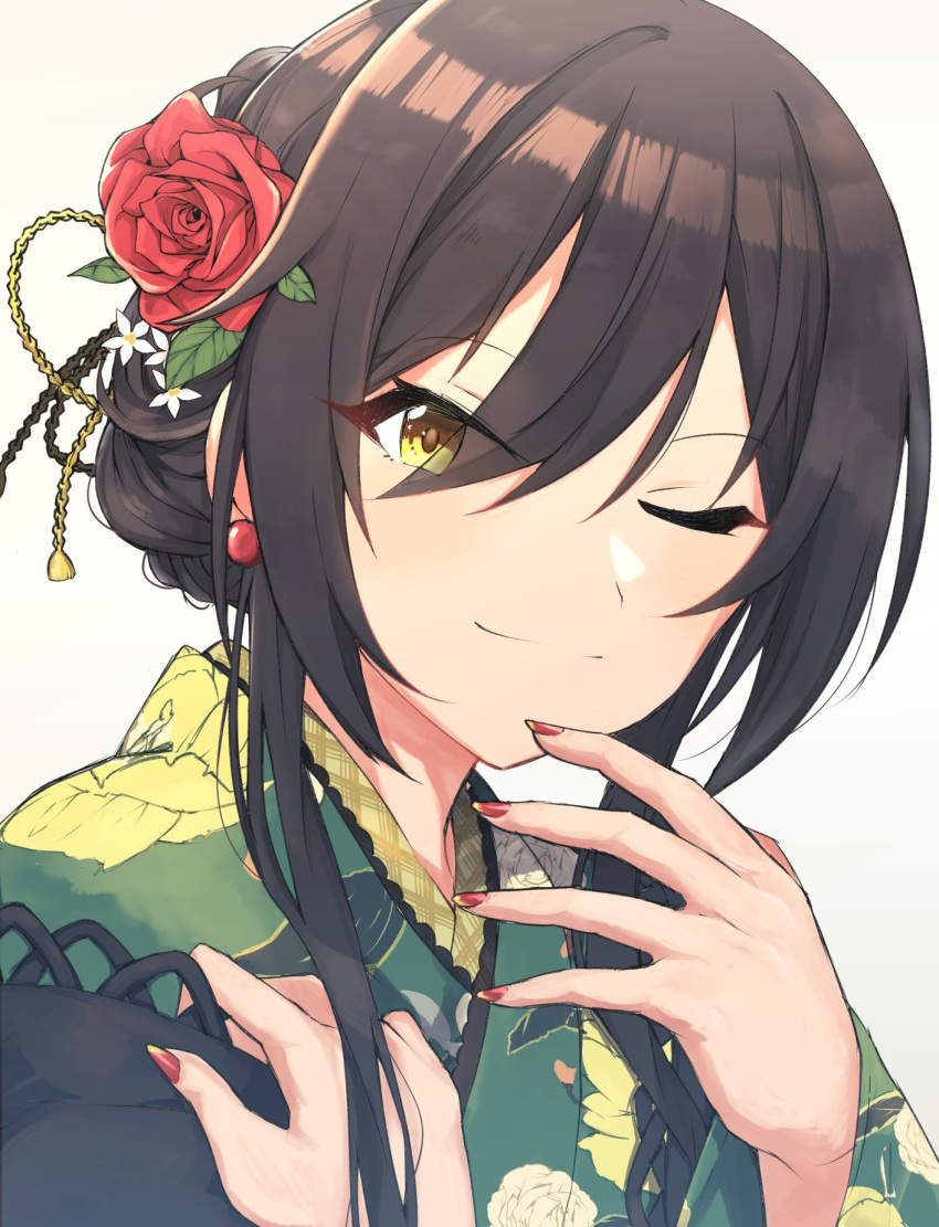 1girl bangs black_hair blush breasts earrings flower green_kimono hair_between_eyes hair_bun hair_flower hair_ornament hanetsuka highres idolmaster idolmaster_shiny_colors japanese_clothes jewelry kimono large_breasts long_hair long_sleeves looking_at_viewer nail_polish one_eye_closed red_nails shirase_sakuya sidelocks smile yellow_eyes