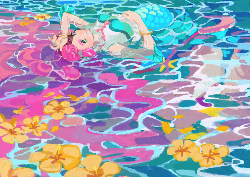 1girl absurdres afloat aqua_eyes arm_up bare_shoulders crop_top fins floating flower flower_on_liquid grin heart heart_in_eye hibiscus highres kobayashi_hisanori laura_(precure) looking_at_viewer looking_to_the_side lying_on_water mermaid monster_girl partially_submerged pearl_hair_ornament pink_hair pink_lips precure smile solo symbol_in_eye tropical-rouge!_precure water wet wristband