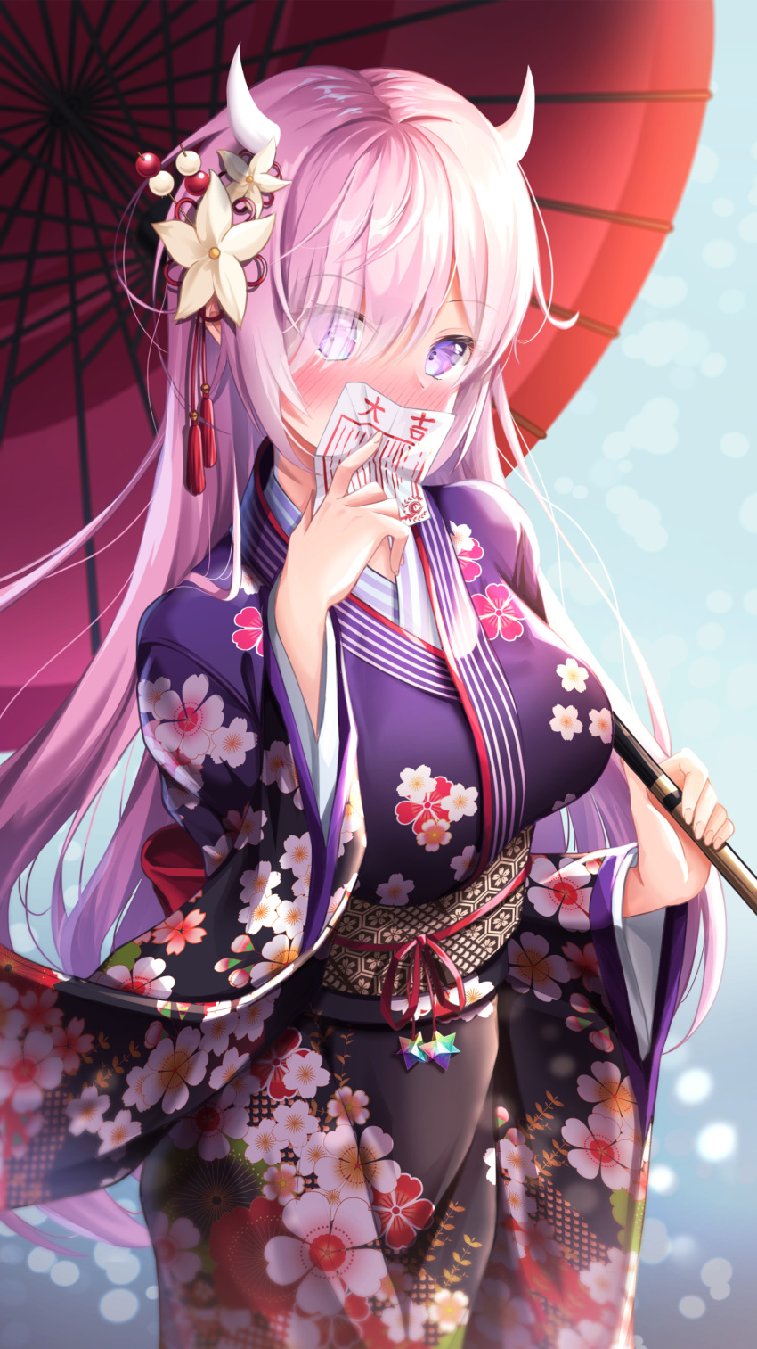 1girl bangs blush breasts cowboy_shot eyebrows_visible_through_hair fate/grand_order fate_(series) floral_print flower furisode hair_flower hair_ornament hand_to_own_mouth hand_up highres holding holding_umbrella horns japanese_clothes kimono lancheu large_breasts long_hair long_sleeves looking_at_viewer mash_kyrielight new_year obi oil-paper_umbrella omikuji pink_hair print_kimono red_umbrella sash solo umbrella very_long_hair violet_eyes white_flower wide_sleeves
