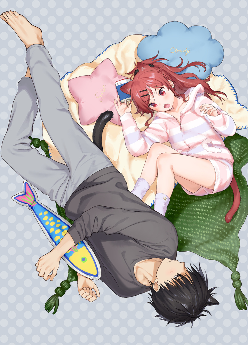 1boy 1girl animal_ears barefoot black_hair brother_and_sister cat_ears chigusa_asuha chigusa_kasumi fang fish_pillow hair_ornament hairclip highres kemonomimi_mode lying on_side polka_dot polka_dot_background qualidea_code red_eyes redhead scrunchie sekiya_asami short_shorts shorts siblings socks tail