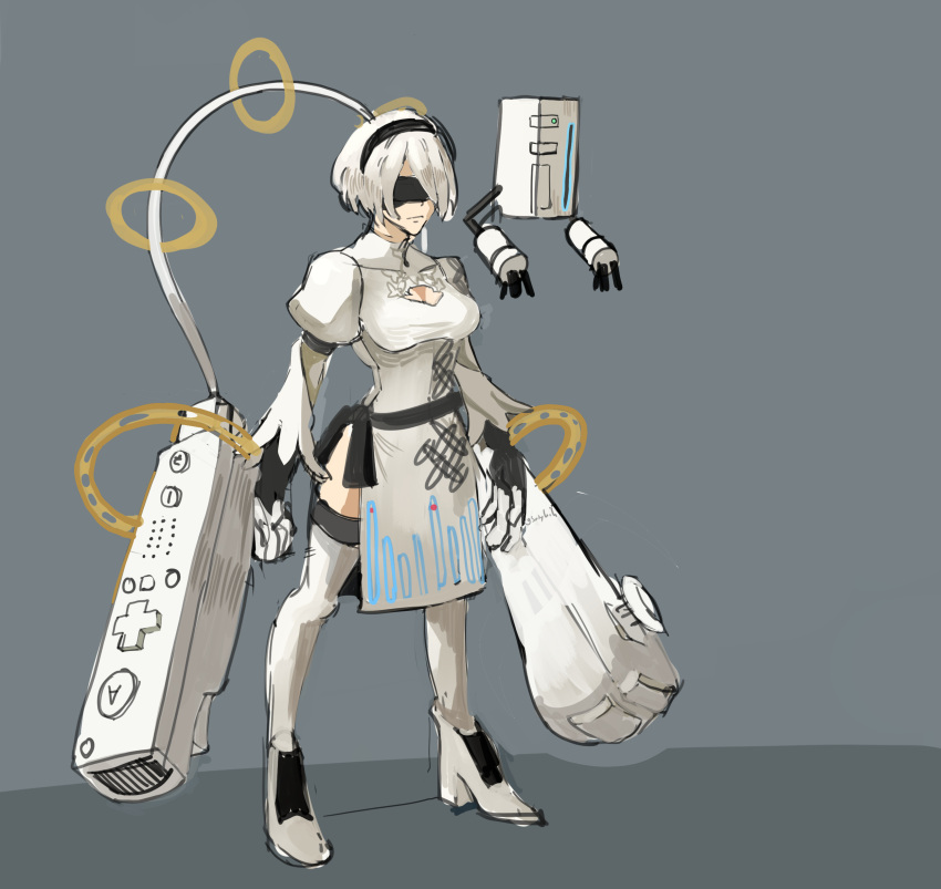 1girl absurdres black_blindfold blindfold breasts cleavage_cutout clothing_cutout controller dress full_body game_console game_controller grey_background hairband highres medium_breasts nier_(series) pun saiykik short_hair side_slit sketch solo standing thigh-highs white_dress white_footwear wii wii_remote yorha_no._2_type_b