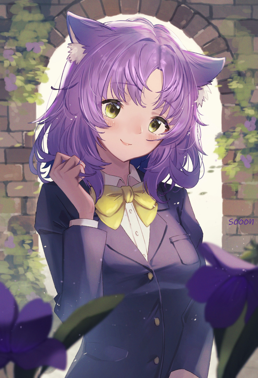 1girl absurdres animal_ear_fluff animal_ears bangs blurry blurry_foreground blush bow brick_wall buttons cat_ears closed_mouth depth_of_field eyebrows_visible_through_hair hand_in_hair highres jacket long_sleeves looking_at_viewer original outdoors plant purple_hair school_uniform shirt short_hair smile solo sooon uniform upper_body white_shirt yellow_bow yellow_eyes yellow_neckwear