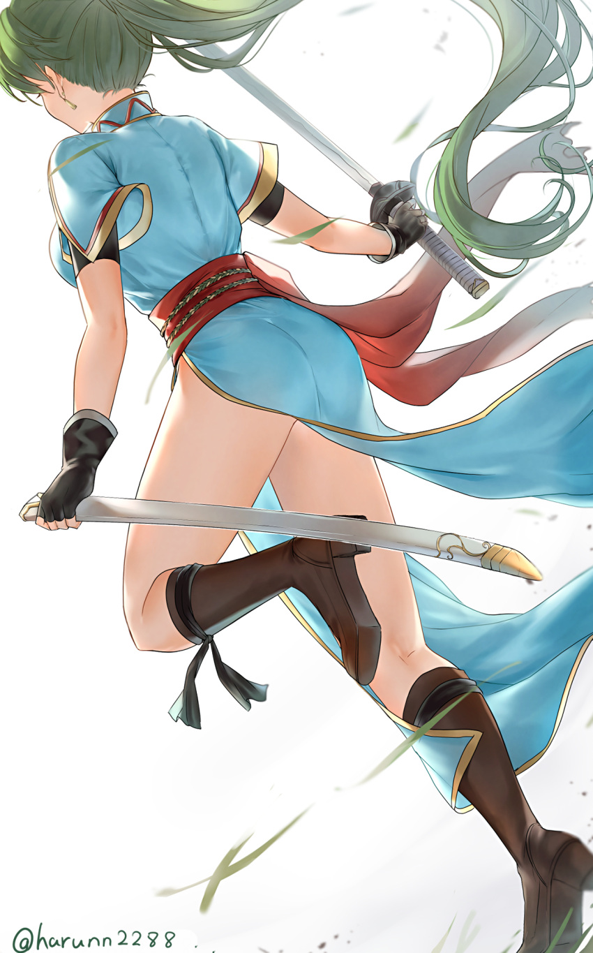 1girl ass backlighting black_gloves boots brown_footwear dutch_angle earrings fingerless_gloves fire_emblem fire_emblem:_the_blazing_blade from_behind full_body gloves gold_trim green_hair haru_(nakajou-28) highres holding holding_weapon jewelry katana kneepits long_hair lyn_(fire_emblem) obi ponytail sash short_sleeves side_slit simple_background solo standing standing_on_one_leg sword thighs twitter_username weapon white_background