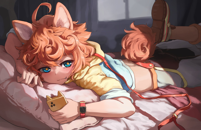 1boy ahoge animal_ears blue_eyes blush cellphone character_request commentary_request commission copyright_request dappled_sunlight dog_boy dog_ears dog_tail fang highres holding holding_phone indoors leash leg_up lying male_focus melaton messy_hair on_bed on_stomach orange_hair phone pillow shoes skeb_commission smartwatch solo star-shaped_pupils star_(symbol) sunlight symbol-shaped_pupils tail tail_through_clothes