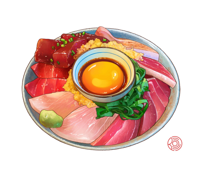 abaoyaonuli absurdres bowl egg egg_yolk fish food food_focus highres meat no_humans original realistic sashimi saucer seafood simple_background spring_onion still_life vegetable wasabi white_background