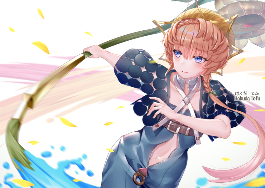 1girl belt belt_buckle blue_eyes braid brown_belt brown_hair buckle closed_mouth clothing_cutout confetti cropped_jacket eyebrows_visible_through_hair fate/grand_order fate_(series) flower giant_brush hakuda_tofu hat holding holding_paintbrush jumpsuit long_hair looking_at_viewer navel open_jumpsuit paint paintbrush petals see-through_jacket see-through_sleeves side_braid solo stomach_cutout sunflower van_gogh_(fate) white_neckwear zipper zipper_pull_tab