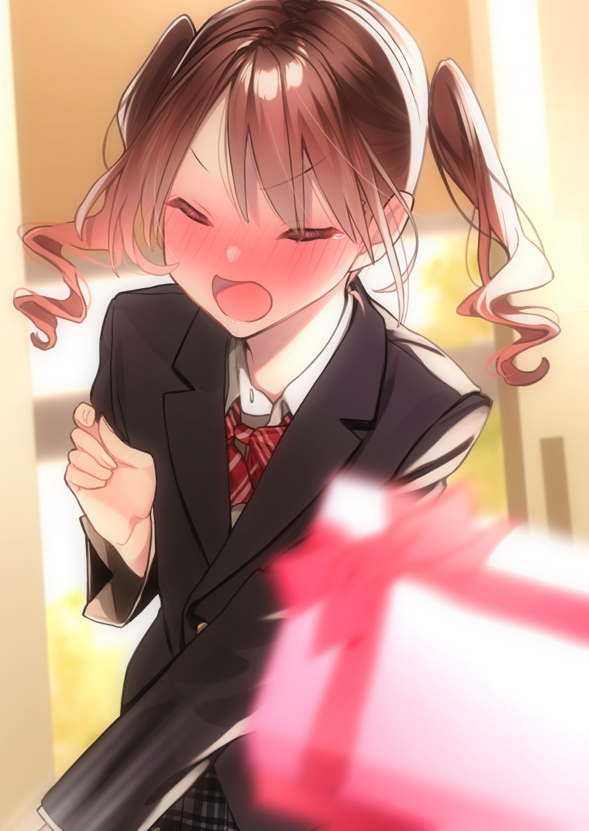 1girl absurdres blurry blurry_background brown_hair closed_eyes commentary gradient_hair highres motion_blur multicolored_hair open_mouth original rinku_(rin9) school_uniform throwing tsundere twintails two-tone_hair valentine