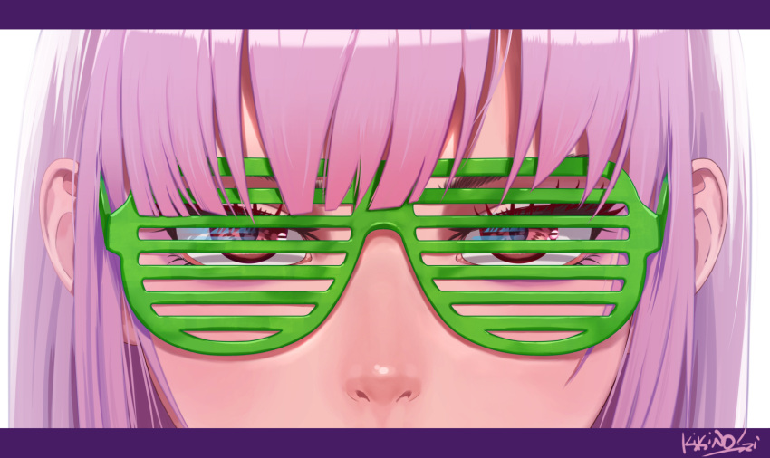 1girl artist_name bangs close-up english_commentary eyebrows_behind_hair hair_behind_ear highres hololive hololive_english kikino looking_at_viewer mori_calliope pink_hair red_eyes shutter_shades solo virtual_youtuber white_background