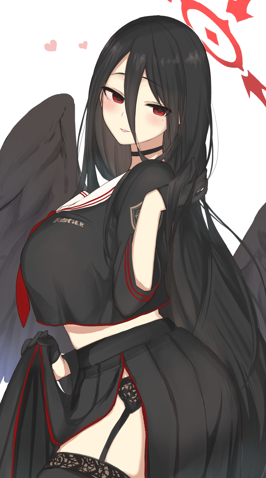 1girl absurdres bangs black_gloves black_hair black_legwear black_serafuku black_wings blue_archive blush breasts choker crop_top crop_top_overhang emirio_(emirio110) eyebrows_visible_through_hair garter_belt garter_straps gloves hair_between_eyes halo hand_in_hair hasumi_(blue_archive) heart highres huge_breasts long_hair low_wings mole mole_under_eye parted_lips red_eyes red_neckwear sailor_collar school_uniform serafuku simple_background skirt_hold solo thigh-highs very_long_hair white_background wings