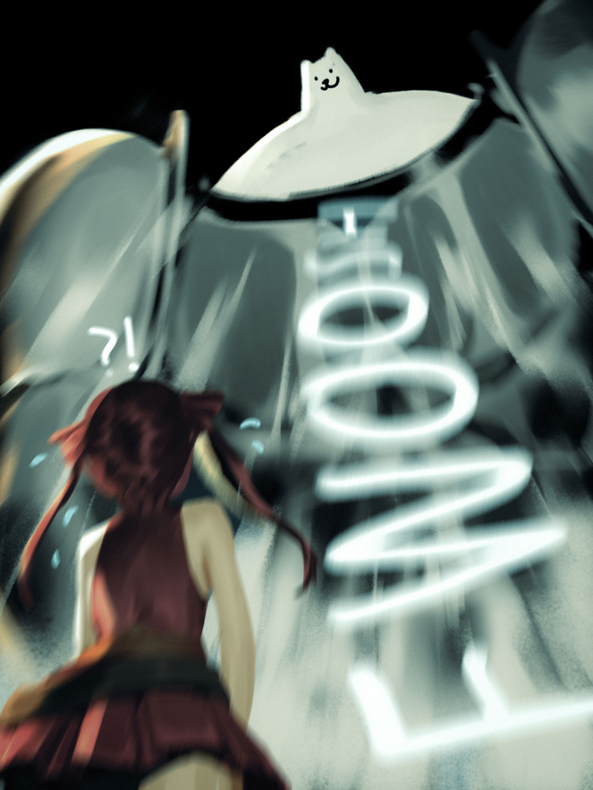 !? 1girl black_eyes blurry blurry_foreground chmyxo crossover dog english_commentary highres hololive houshou_marine looking_down looking_up motion_blur muscular red_skirt redhead skirt smile surprised temmie transformation twintails undertale virtual_youtuber