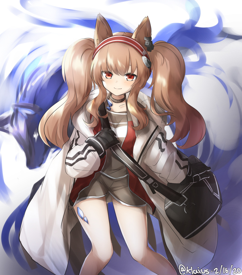 1girl absurdres angelina_(arknights) animal_ears arknights bag black_gloves brown_hair closed_mouth coat dated feet_out_of_frame gloves grey_choker grey_shirt grey_shorts hairband highres klaius long_hair long_sleeves looking_at_viewer open_clothes open_coat red_eyes shirt shorts shoulder_bag smile solo twintails twitter_username white_coat