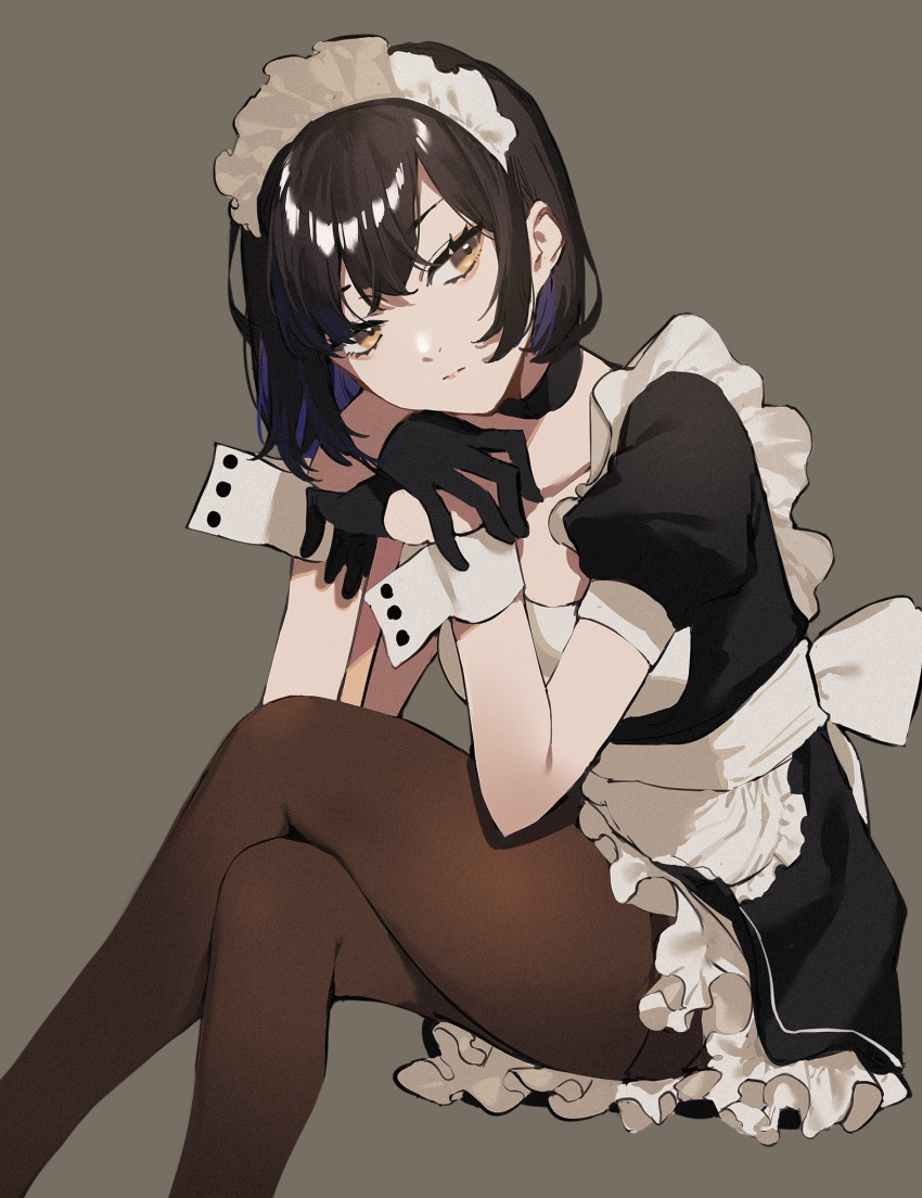 1girl 2l_(2lsize) apron arm_support bangs black_choker black_gloves black_hair black_legwear bob_cut brown_eyes choker closed_mouth collarbone crossed_legs expressionless frills gloves grey_background hair_between_eyes hands_together highres looking_away maid maid_apron maid_headdress original pantyhose puffy_short_sleeves puffy_sleeves short_hair short_sleeves simple_background sitting solo