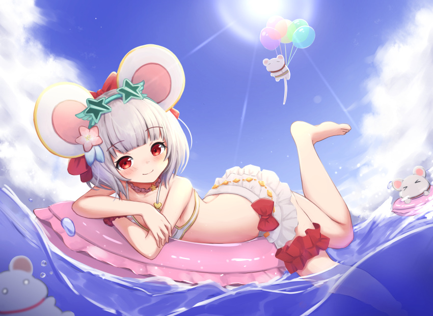1girl absurdres afloat animal_ears balloon bare_shoulders barefoot bikini bikini_skirt blue_sky blush closed_mouth clouds crossed_arms day dot_nose eyebrows_visible_through_hair eyewear_on_head flying from_side granblue_fantasy green-framed_eyewear green-tinted_eyewear grey_hair highres innertube klaius looking_at_viewer lying medium_hair miniskirt mouse mouse_ears ocean on_stomach outdoors pink_skirt red_eyes scrunchie skirt sky smile soaking_feet solo star-shaped_eyewear sunglasses swimsuit thigh_scrunchie thigh_strap vikala_(granblue_fantasy) water waves white_bikini wrist_scrunchie