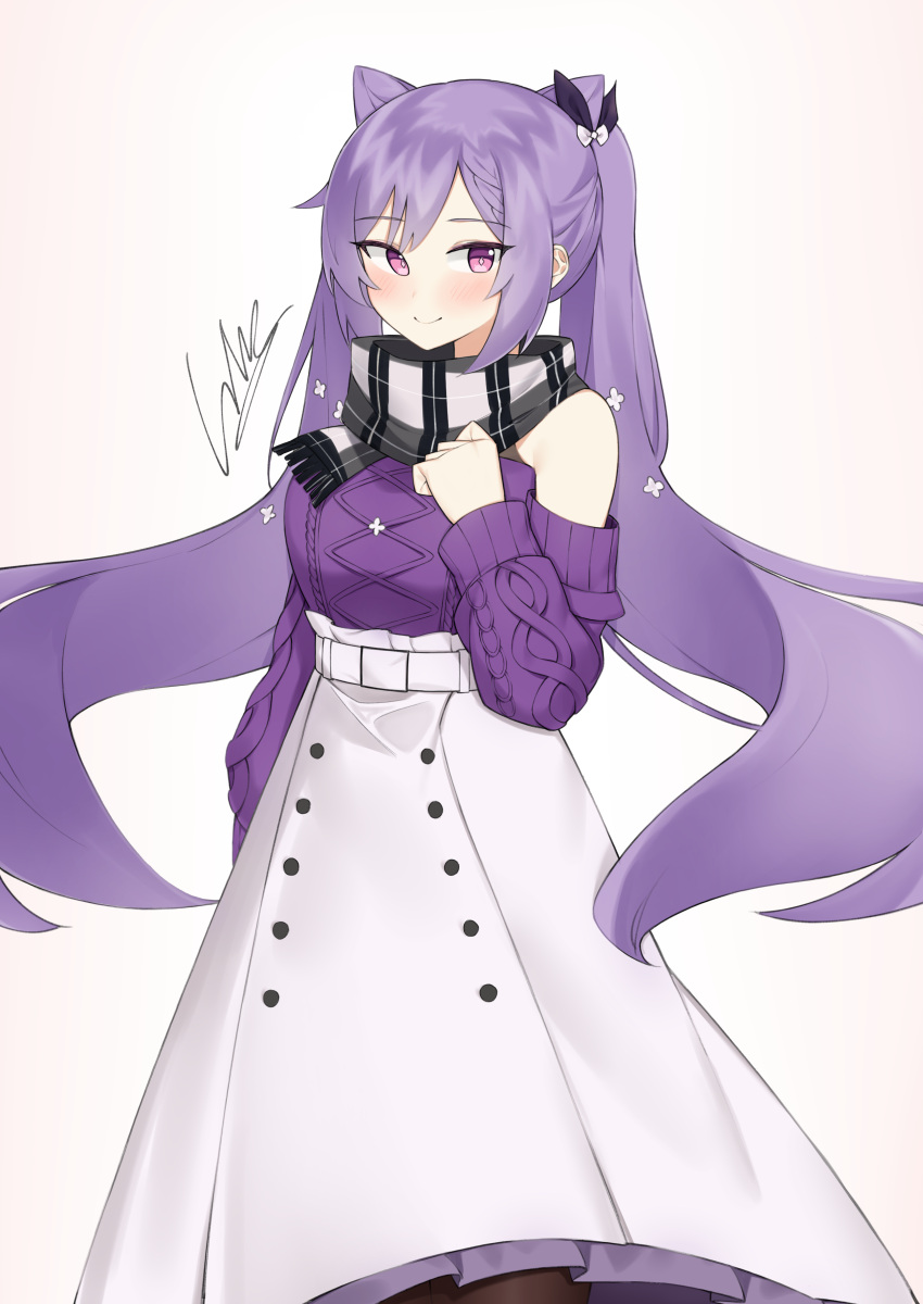 1girl absurdres alternate_costume bare_shoulders black_legwear bow casual cobe double_bun flower genshin_impact hair_bow hair_bun hair_flower hair_ornament half-closed_eyes hand_on_own_chest highres keqing_(genshin_impact) long_hair long_sleeves looking_at_viewer pantyhose purple_hair purple_sweater scarf signature skirt smile solo sweater twintails violet_eyes white_skirt