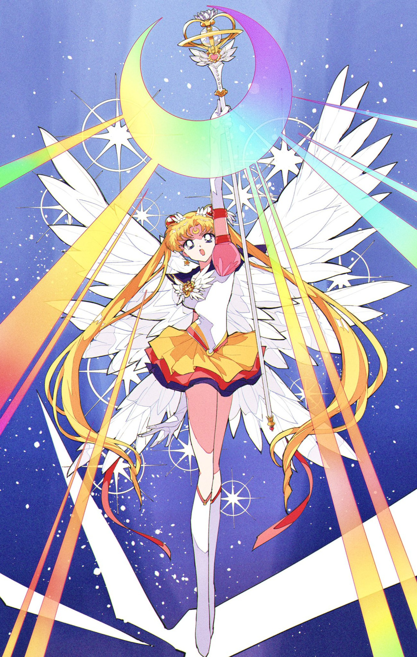 1girl angel_wings bishoujo_senshi_sailor_moon blonde_hair blue_eyes blue_sailor_collar choker double_bun earrings elbow_gloves english_commentary eternal_sailor_moon eternal_tiare facial_mark forehead_mark full_body gloves highres jewelry layered_skirt long_hair looking_at_viewer magical_girl open_mouth pochi_(askas_is_god) red_choker sailor_collar sailor_moon sailor_senshi sailor_senshi_uniform skirt solo tsukino_usagi twintails wand white_footwear white_gloves wings